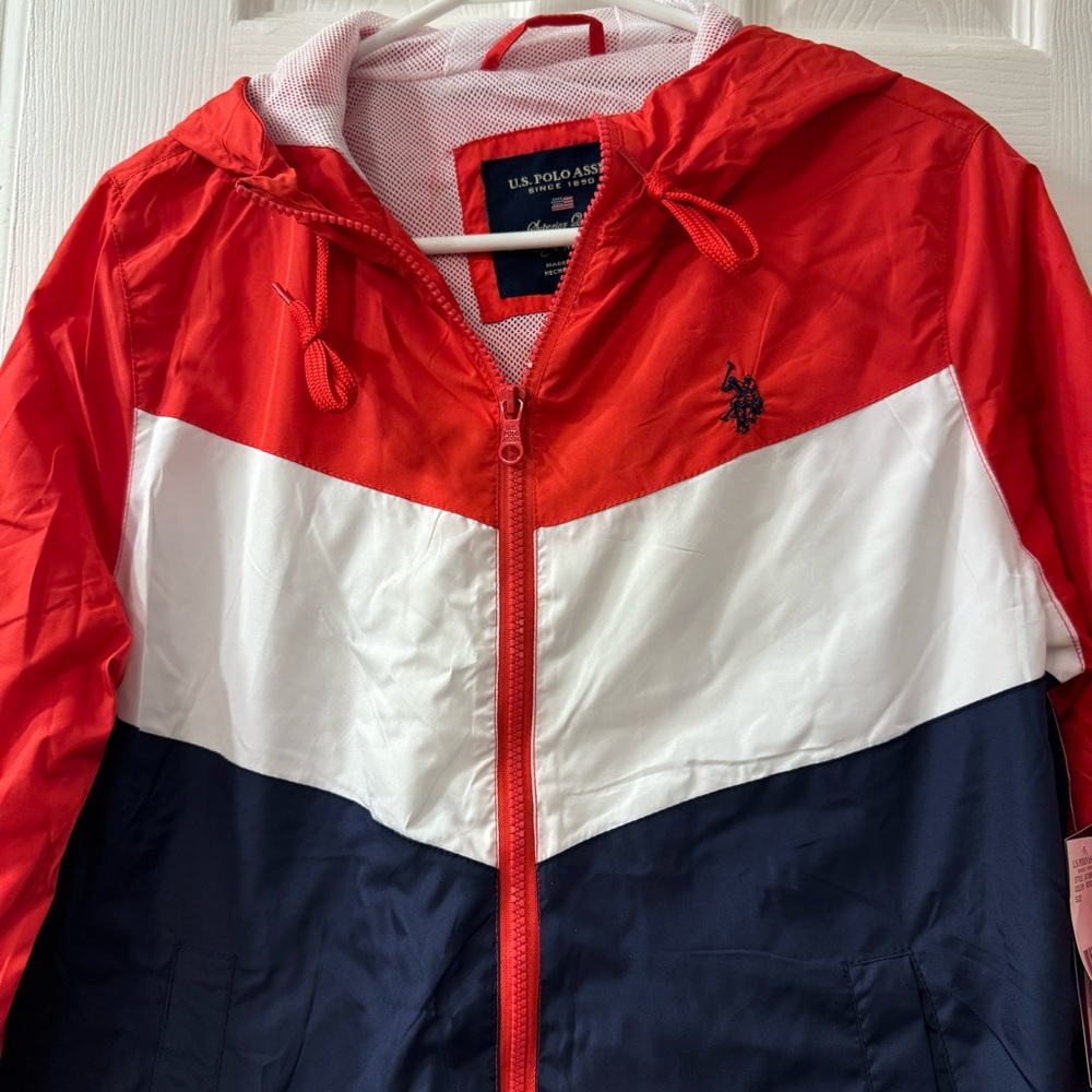 U. S. Polo Assn Raincoat/Windbreaker Hoodie Red/Blue/White Medium Unisex - Picture 3 of 12